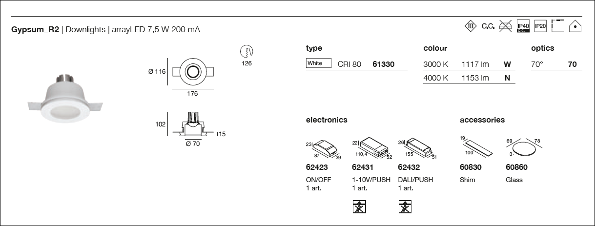 tecnical sheets about recessed spotlight gypsum R2