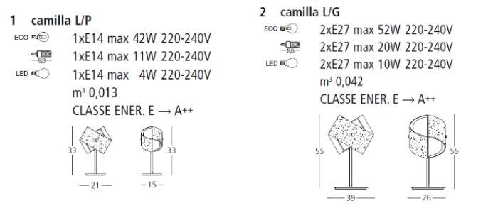 Scheda tecnica lumetto Camilla piccolo e grande