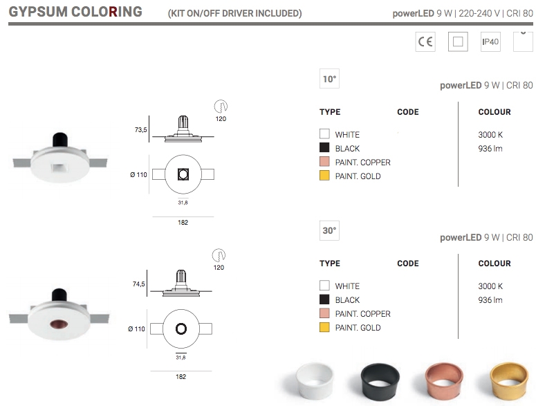 Technical sheet recessed spotlight Gypsum Coloring